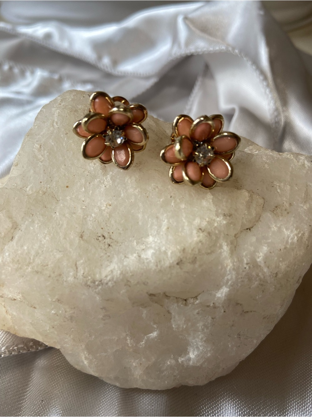 Gold-Tone Pink Flower Stud Earrings with Crystal Centers